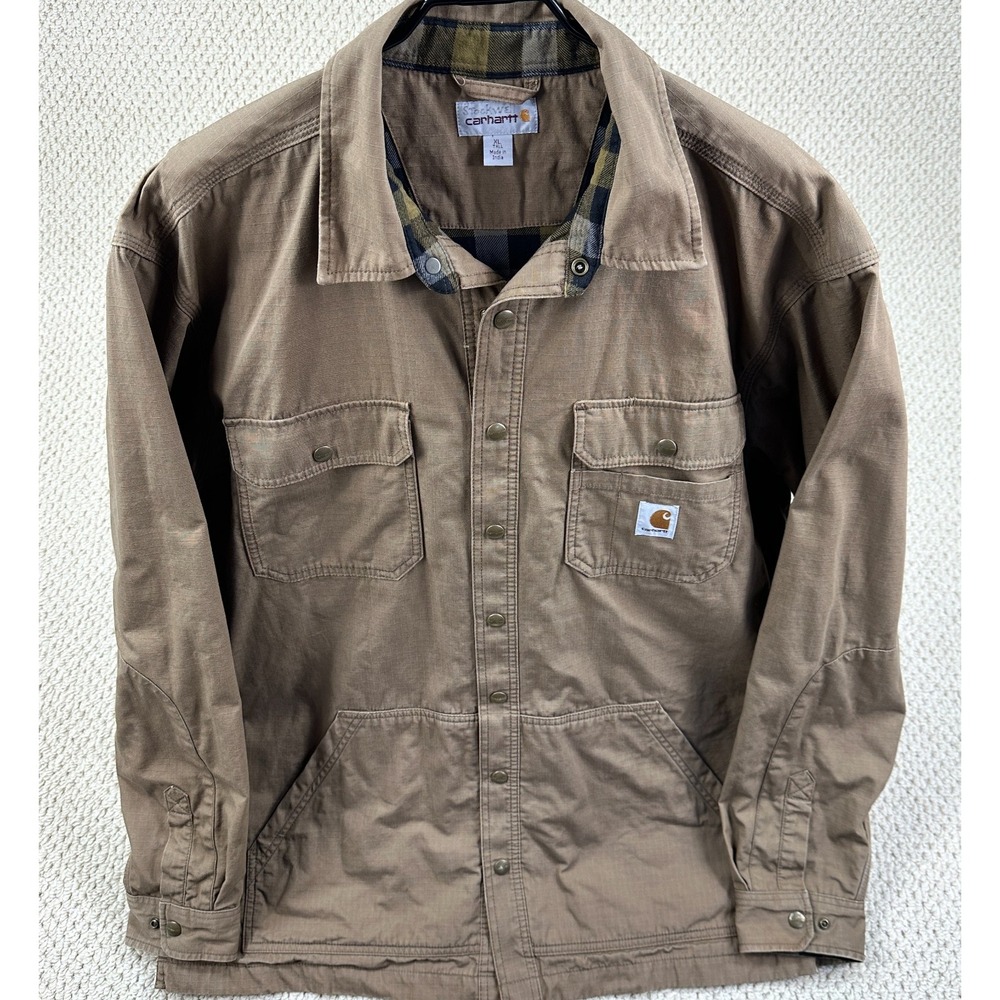 Carhartt Shirt Jacket Mens XLT Tall Brown Ripstop Plaid Lined Snap Chore Field